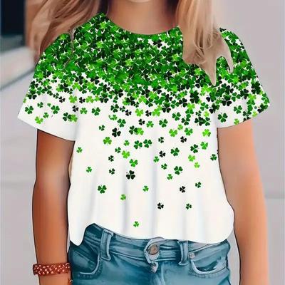 Kids T-shirt 3d Print New Minimalist 3D Printed Small Fresh Clover Pattern Girls' Round Neck Short Sleeved T-shirt