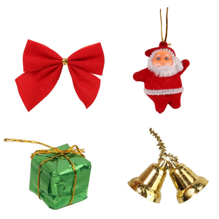 Set Of 16 Christmas Ornaments - Mix Of Santa Clauses, Gifts, Bells, Bows