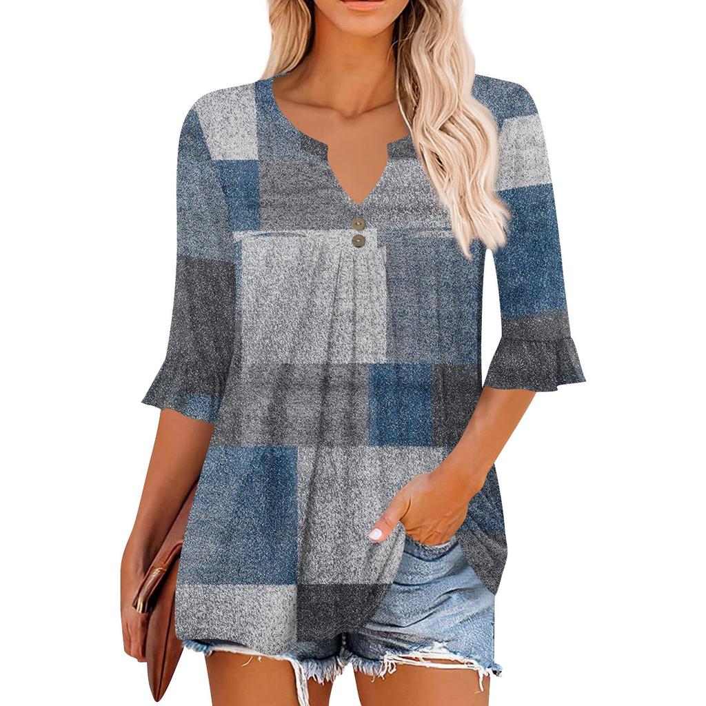 3/4-Ärmel Oberteile für Damen Lässige Rüschen V-Ausschnitt T-Shirts Arbeitsblusen Elegante Tunika-Oberteile