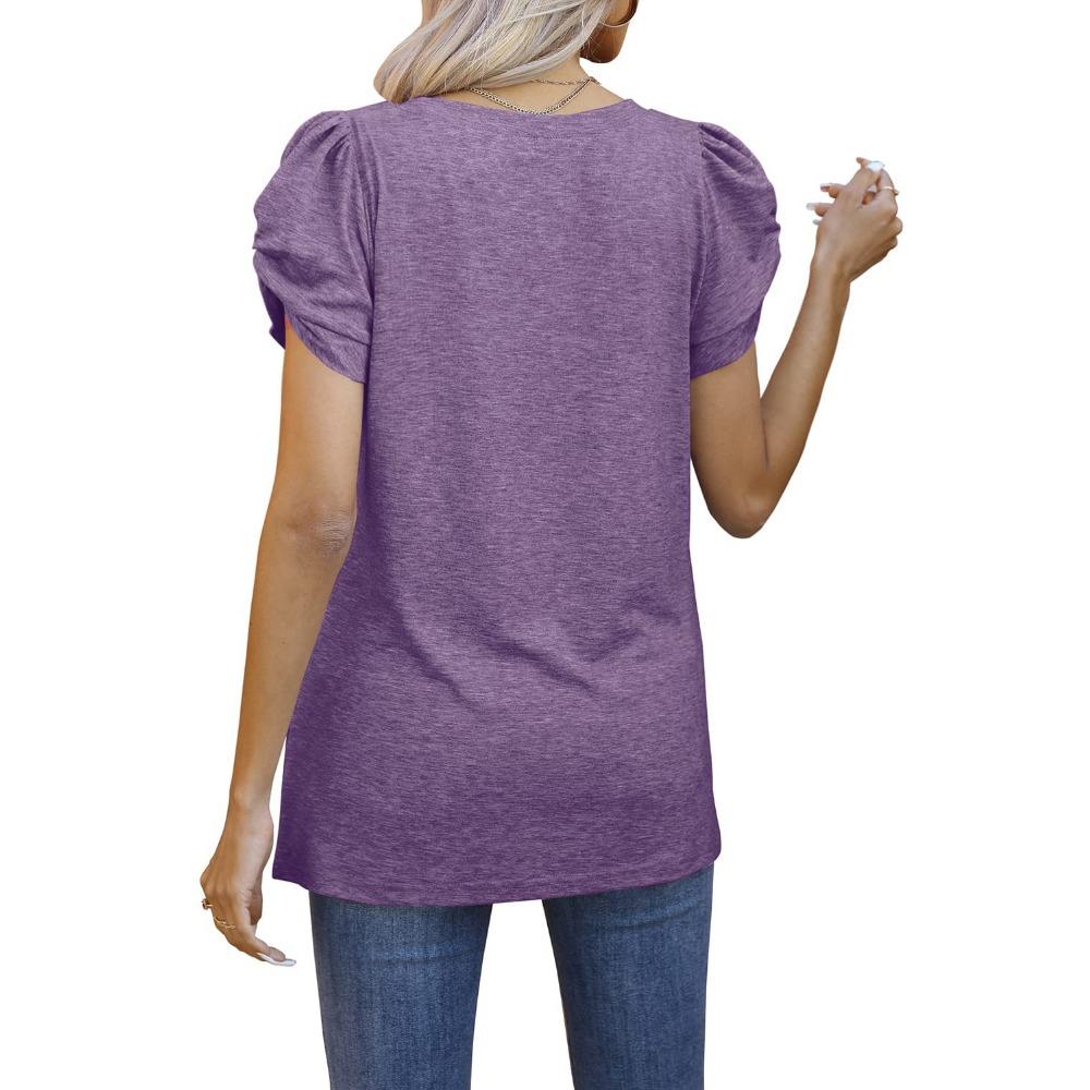 GMXIA Spring Summer Solid Color Knotted V-neck Short-sleeved T-shirt Base for Women