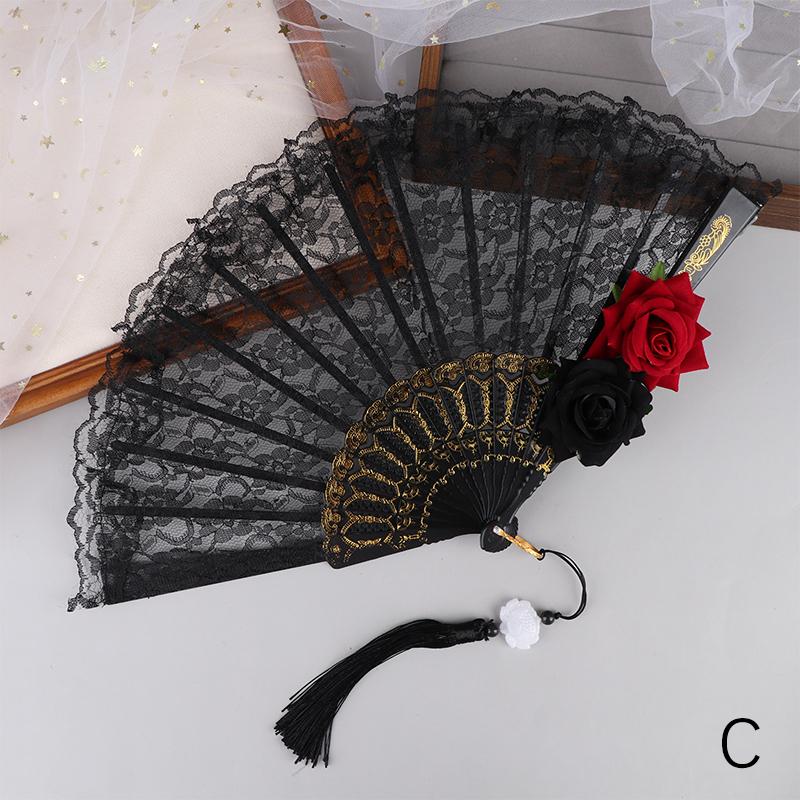 Rose Lace Hand Fan Cloth Folding Fans With Tassels Retro Dance Folding Hand Fan Wedding Party Decor Cos Photography Prop