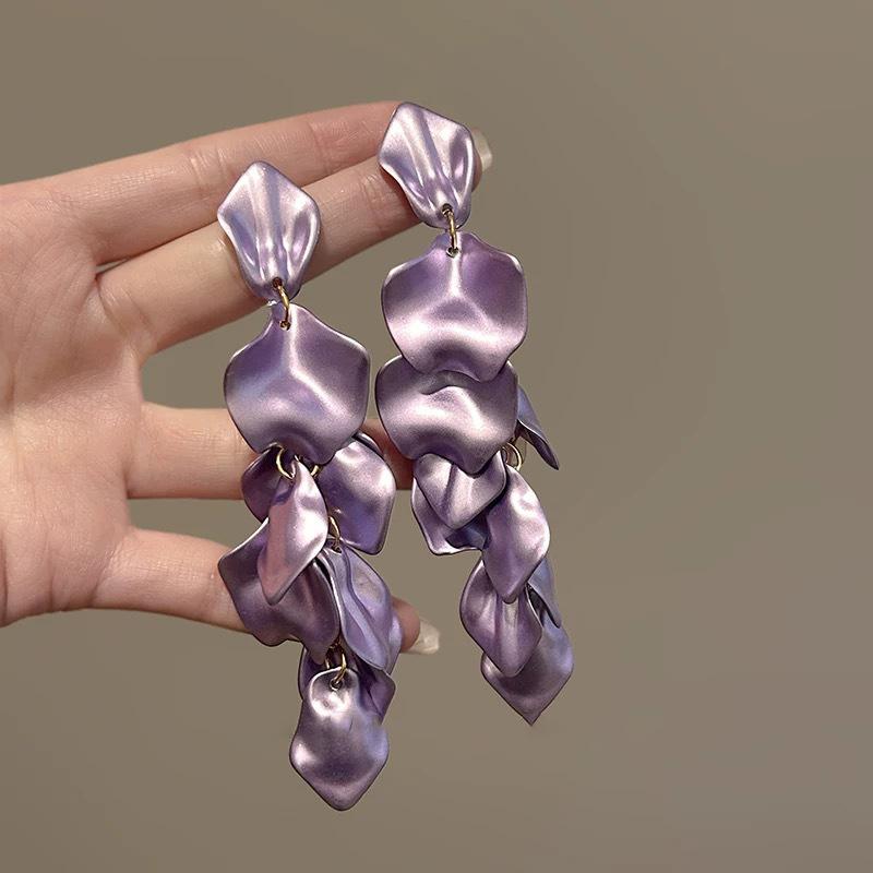 Silver needle fabric rice bead chiffon flower beaded fringed earrings super fairy sweet temperament stud earrings niche design earrings
