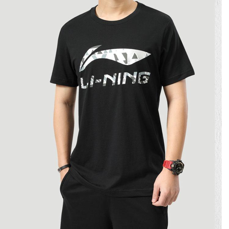 Li Ning Logo Print Solid Color Round Neck Short Sleeve T-Shirt Men Tops Black YHST177-1