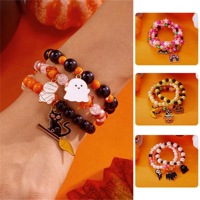 3Piece Halloween Charm Bracelet Spooky Pumpkin Specter Pendant Jewelry Adjustable Alloy Wristband Present for Kids Adults