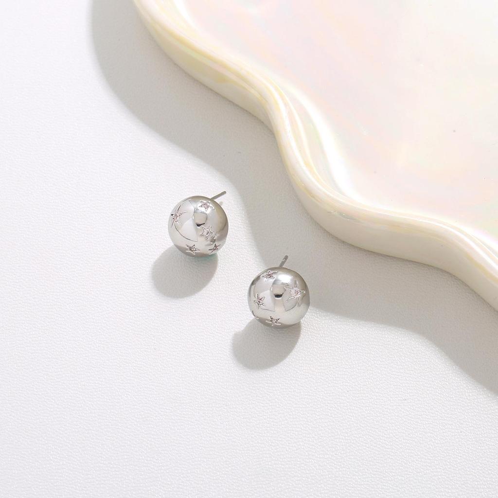 S925 Silver Needle Smooth Round Ball Star Stud Earrings - Stylish Niche Design for Women