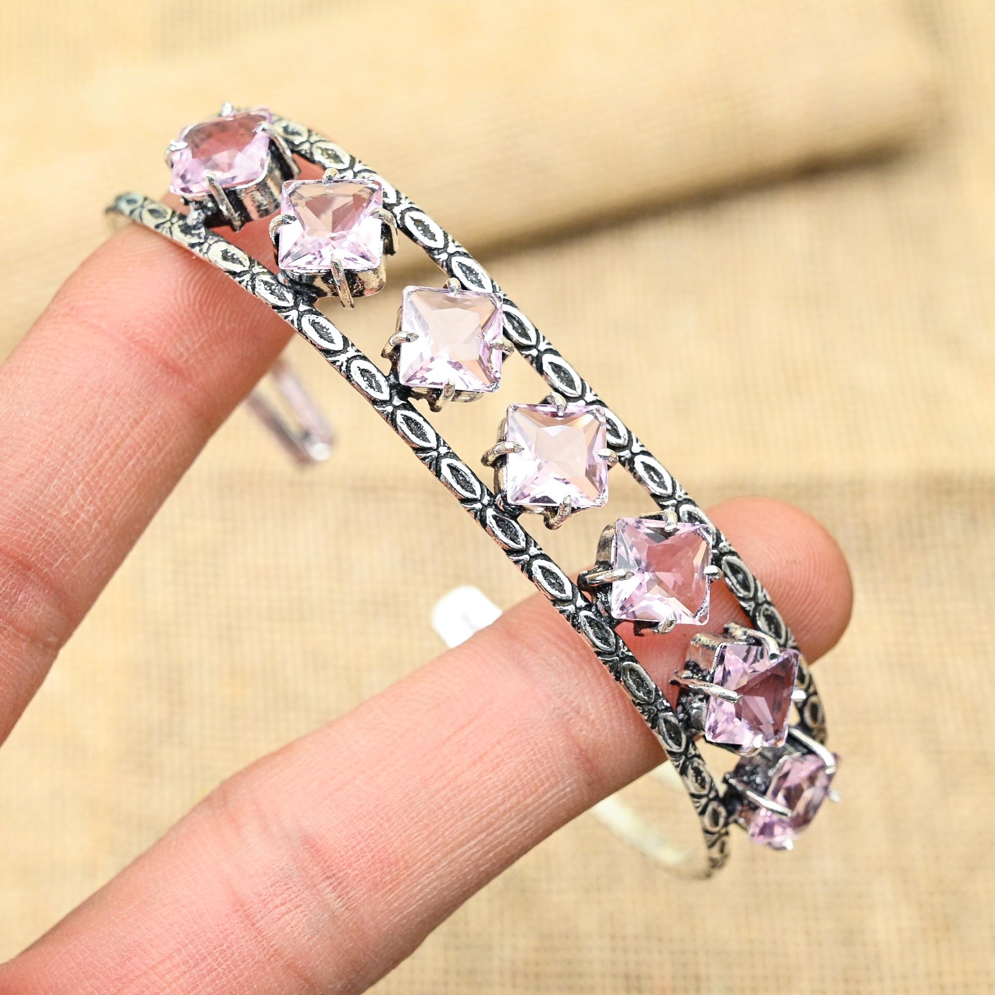 

Розовый кунцит, драгоценный камень ручной работы, ювелирные изделия из стерлингового серебра 925 пробы, регулируемые манжеты для женщин