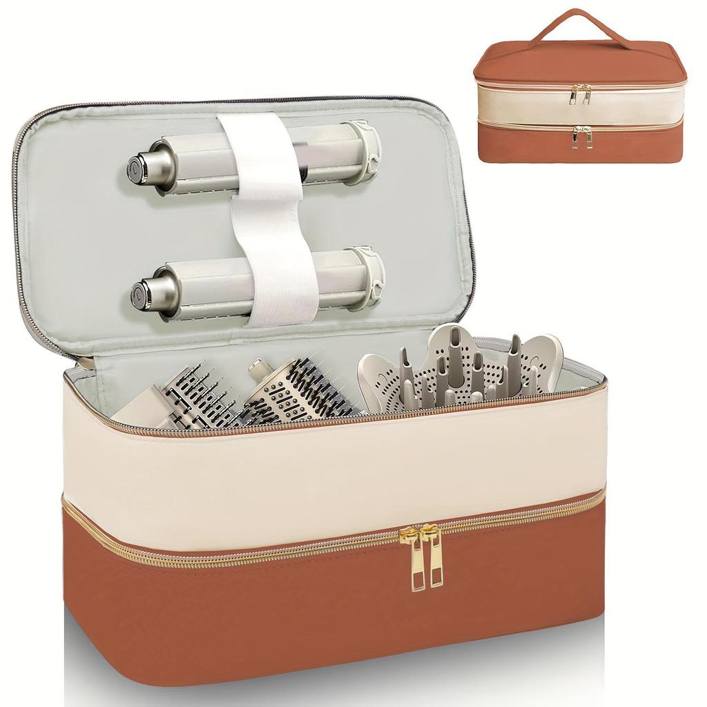 PU Double Layer Hair Dryer & Curling Iron Storage Bag - Large Capacity, Portable, Multi-functional Makeup Handbag with a High-end Feel.
