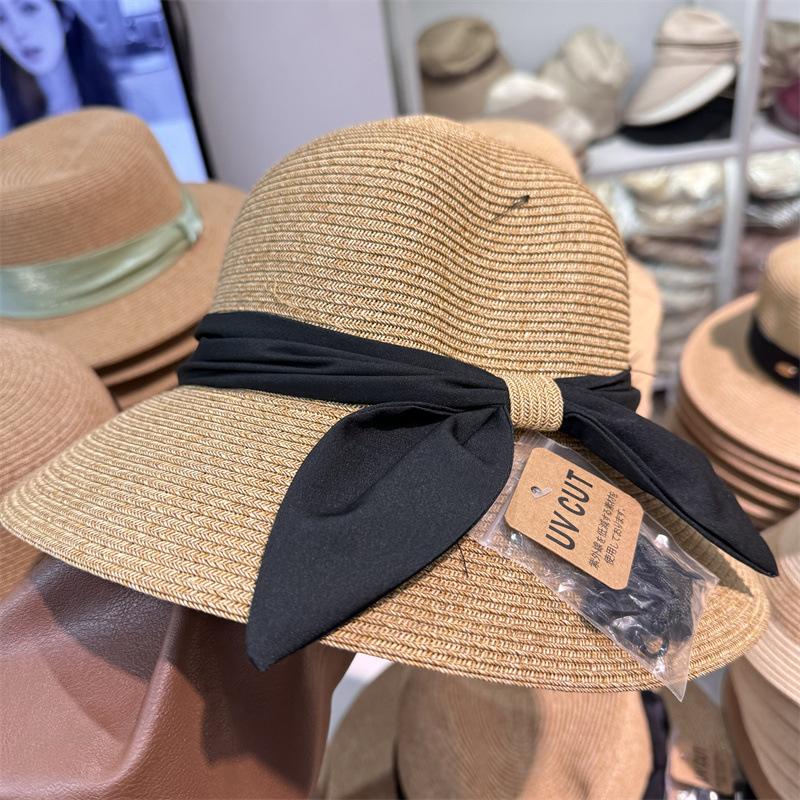 Top Stylish Round Wide Brim Foldable Sun Hat Womens Summer Beach Hat With Bow
