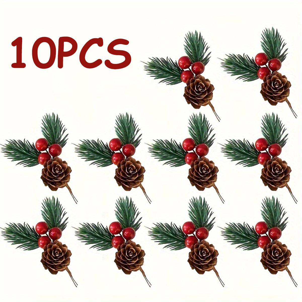 Christmas Floral Picks, 10Pcs Pine Cone Holly Berry Stems for Artificial Christmas Picks and Sprays, Red Berry Branches Greenery