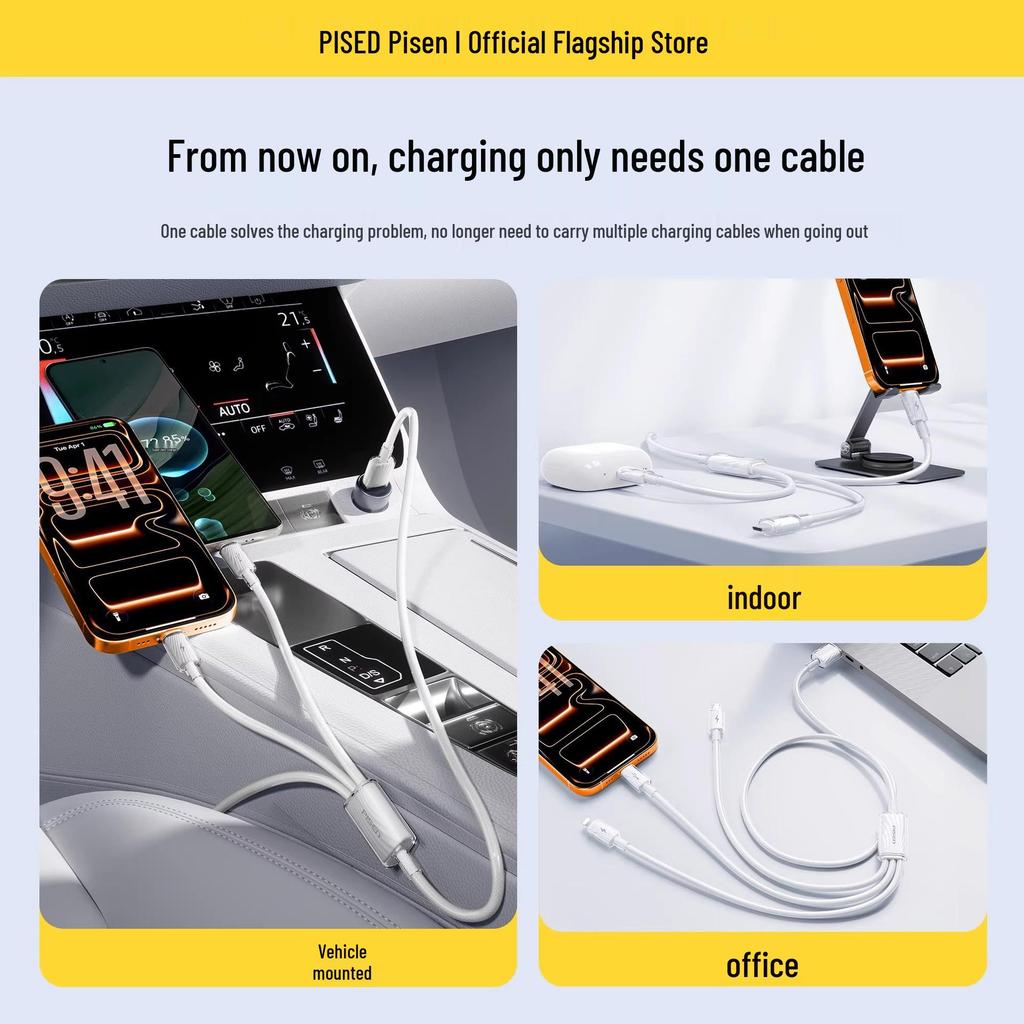 PISEN 100W 3-in-1 Fast Charging Cable, 6A for Apple and Huawei Devices