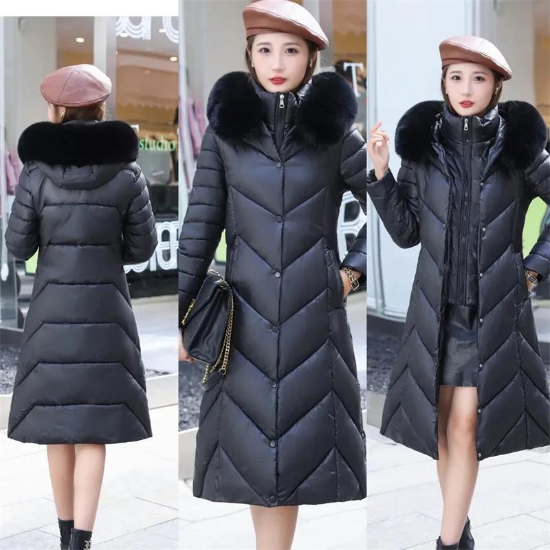Women Winter Hooded Fur Collar Long Parkas Thick Warm Down Cotton Padded Jacket Women Casual Hoodies Coat Female Outwear