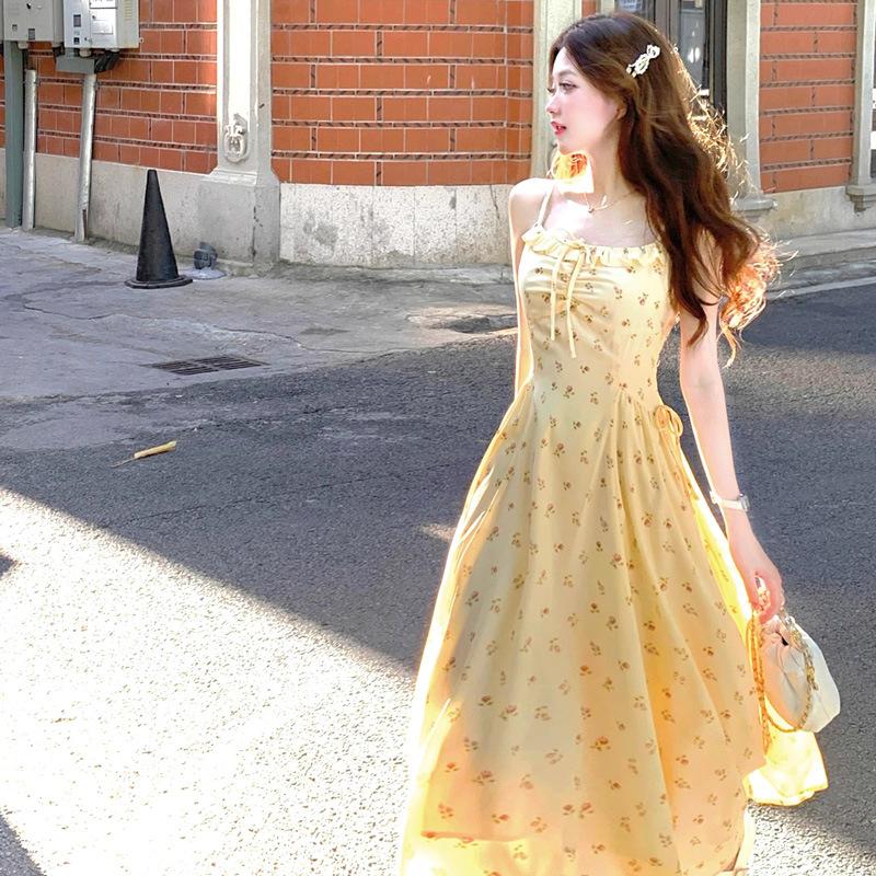 French Yellow Floral Dress Small Suspender Dress Women's Summer New Atmosphere Commuter Temperament Long Skirt