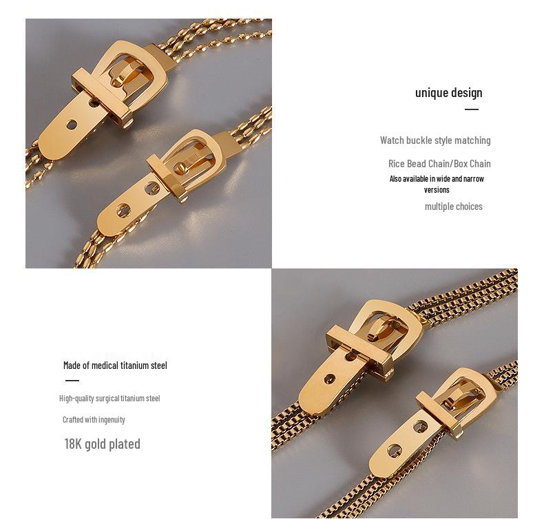 Damski pozłacany 18-karatowym złotem zegarek bransoletka ze stali tytanowej z skórzaną klamrą i łańcuszkiem pudełkowym z koralikami ryżowymi