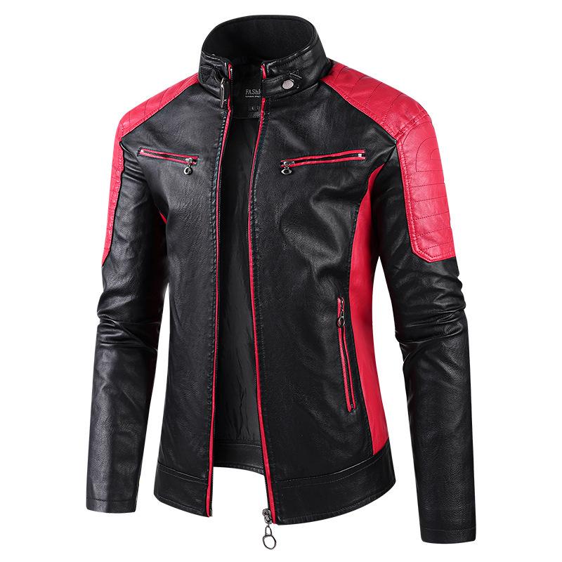 2025 Men's Color Block PU Leather Motorcycle Jacket - British Casual Style