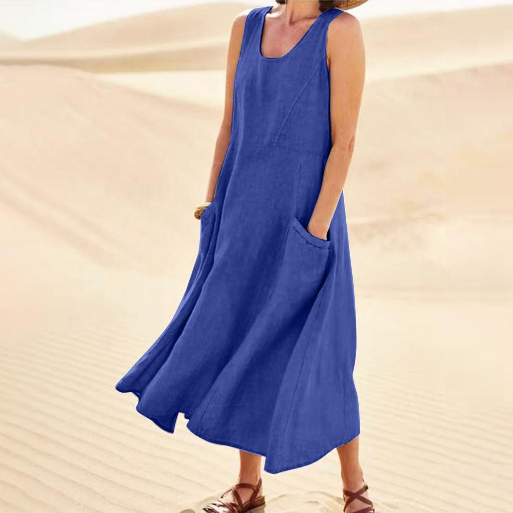 Women's Fashion Casual Colour Sleeveless Cotton Linen Pocket Dress