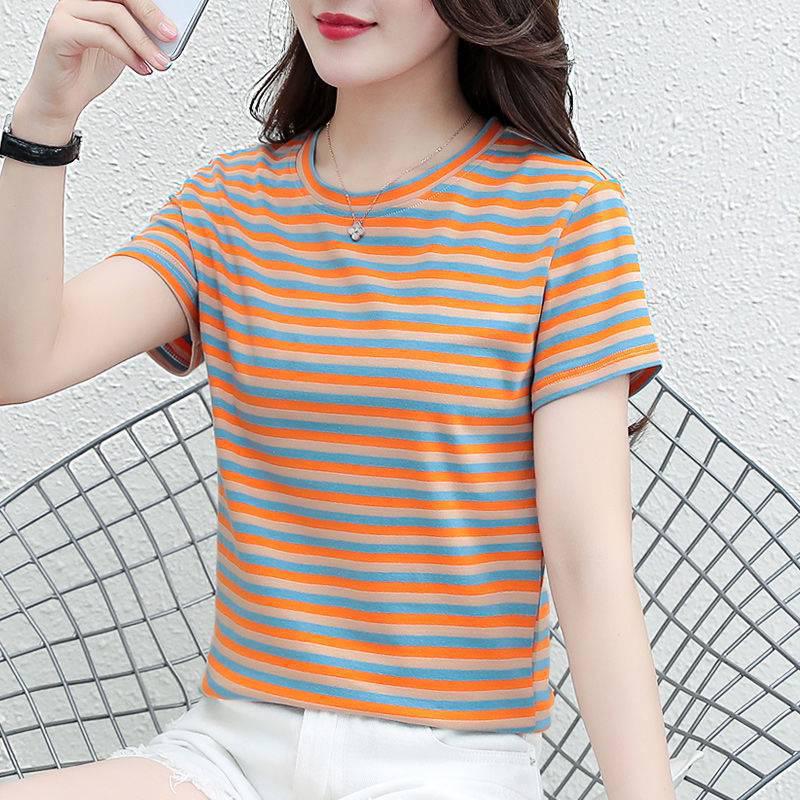 Dam T-shirt med ränder i större storlek för sommaren - Snygg, Föryngrande, Rymlig passform, Kortärmad vardagstopp
