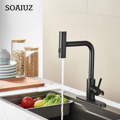 Torneira de cozinha com pulverizador retrátil, torneira de pia de cozinha de aço inoxidável com furo único e toque em cascata preta, padrão americano