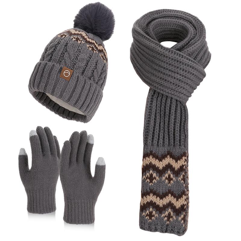Winter knitted wool hat women's fashion hat scarf gloves three-piece set fleece cold-proof warm ear protector pullover hat