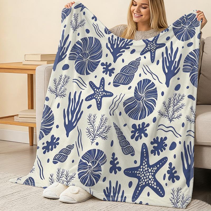 Ocean Themed Flannel Blanket Lightweight Soft Blue & White Throw for Home, Sofa, Window Seat, Halloween & Christmas Decor & Warmth