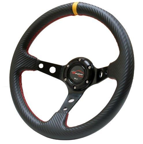

Steering Wheel, 35mm Deep Cone, 70mm, Carbon Fiber PVC, Red Cross Stitch, Yellow Top (D35C)