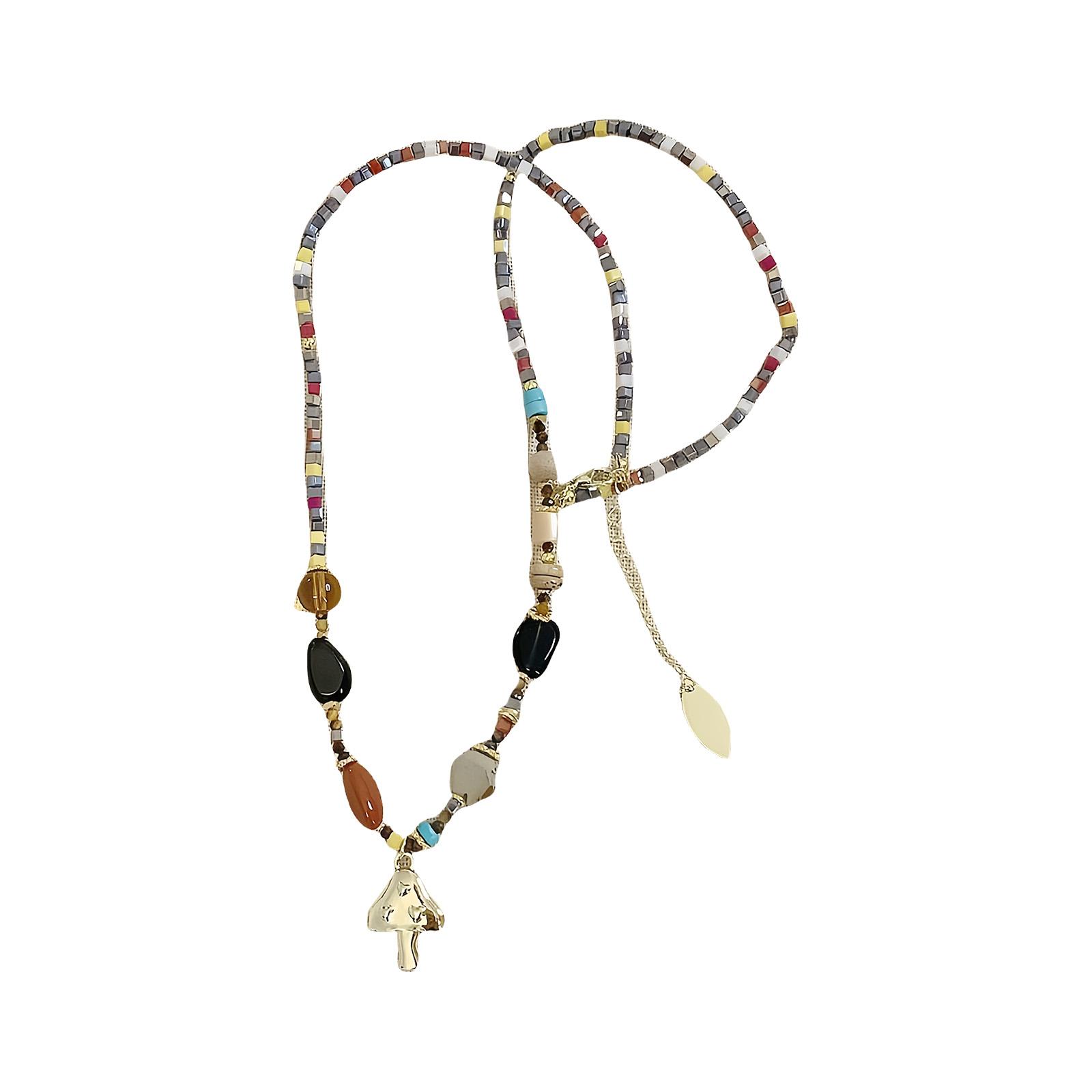 

French Vintage Natural Stone Beaded Necklace Unique Sunrise Mushroom Pendant Handmade Winter Jewelry For Women Gift Idea