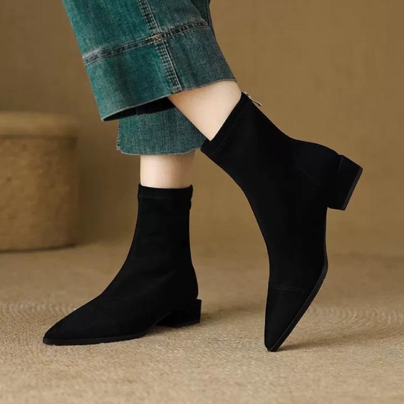 Retro Elastic Thin Boots Women's New Autumn and Winter Thin Rear Zipper Bare Boots Flat Bottom Pointed Short Boots