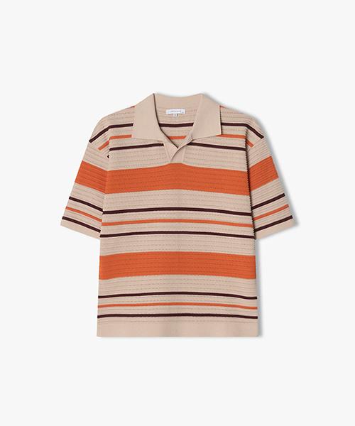 [25Ss] Llm51545 Beige Striped Mesh Open Collar Half Knit Top 100