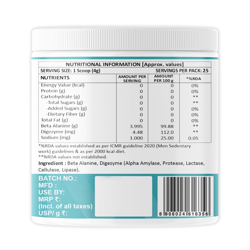 Weoliv Beta Alanine Powder 100g (25 Servings) | Unflavoured | Pure Beta Alanine Pre Workout Supplement for Endurance, Stamina & Fatigue Reduction