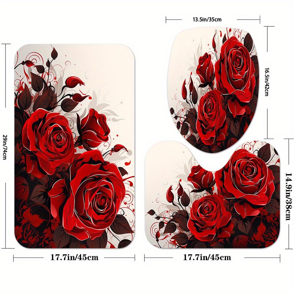 4Pcs Luxury Red Rose Shower Curtain Sets Waterproof for Bathroom Non-Slip Bathroom Rugs Lid Toilet Cover Bath Mat Bathroom Set