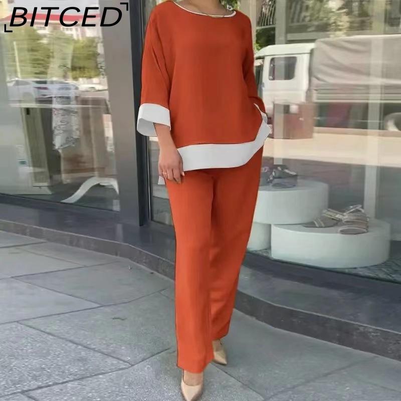 

BITCED Женский свободный повседневный комплект из топа с круглым вырезом, рубашки и прямых брюк большого размера XXXXL оранжевый