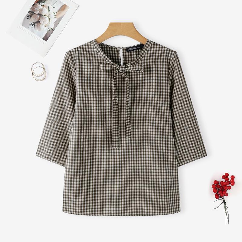 ZANZEA Women Plaid Print Casual Round Neck 3/4 Sleeve Blouse