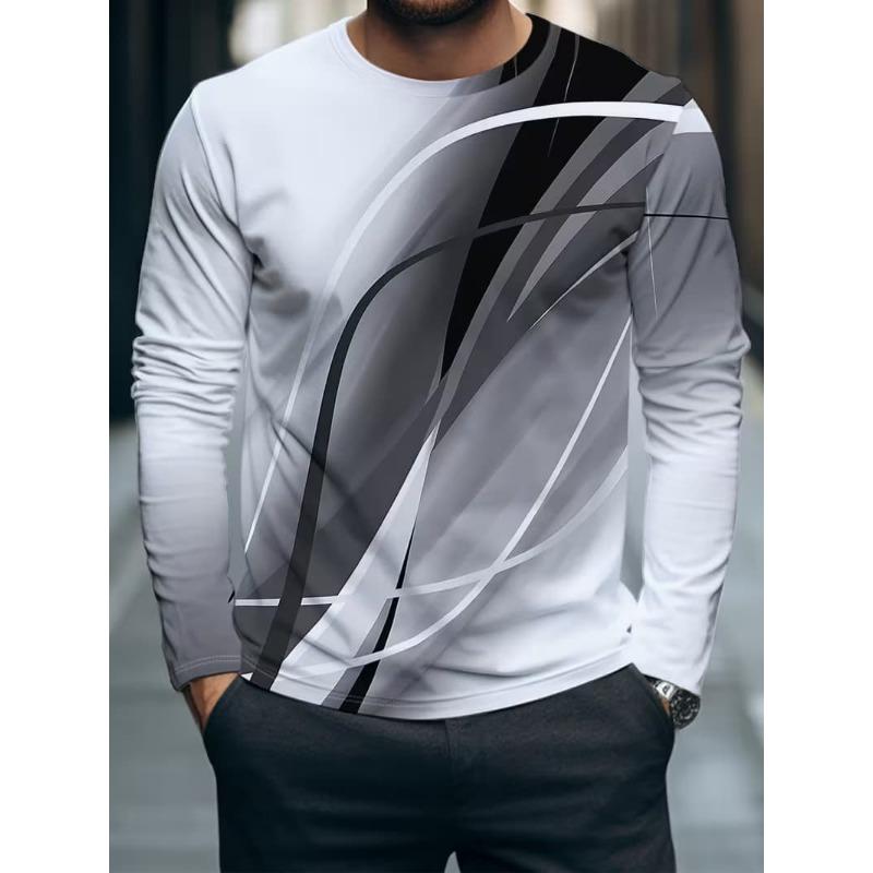 Men's 3D Stripe Printed Long-sleeved T-shirt, Comfortable, Breathable and Versatile Men's Top