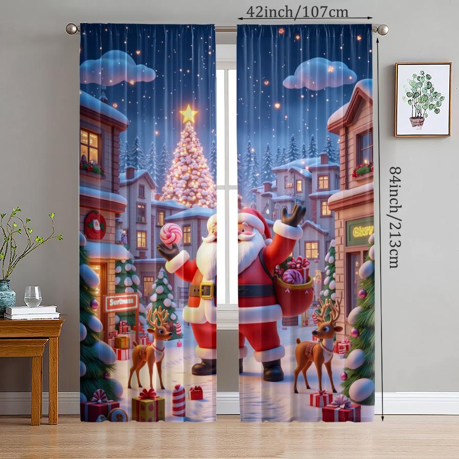 Set Of 2 Christmas Santa Claus Tree Pattern Printed Curtains Decorations Home Room Made Polyester