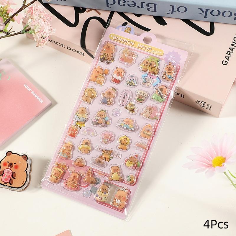 4Pcs Cute Cartoon Capybara 3D Relief Bubble Stickers Kawaii Animal Decorations Diy Scrapbook Sticker Phone Case Decoration Gifts