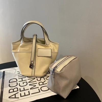 Hochwertige Nischen-Design-Canvas-Eimer-Tasche Gemüsekorb Vielseitige Spleiß-Handtasche aus Leinengewebe für Damen