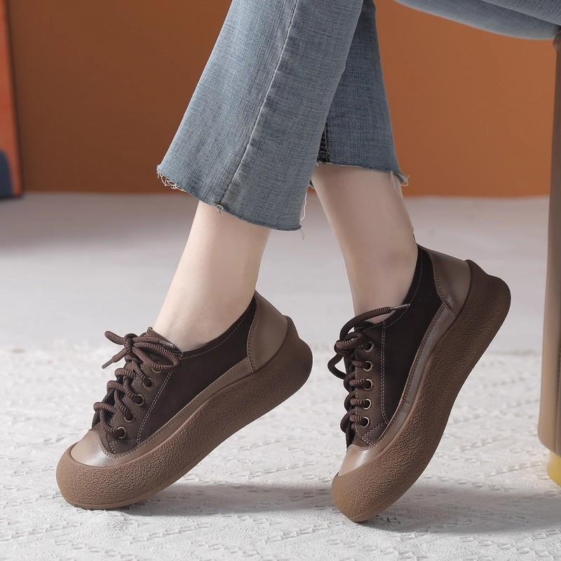 Fashion GKTINOO Retro Genuine Leather Sneakers Lace Up Women's Shoes 2025 Spring New Casual Round Toe Cowhide Flats