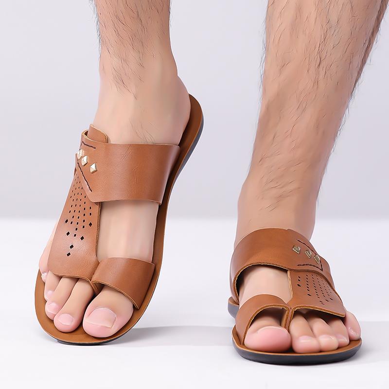 Herren Braune Flache Hausschuhe Sommer Weiß Breite Zehenpartie Römische Sandalen Retro Schwarze Leder Strandschuhe Große Größen