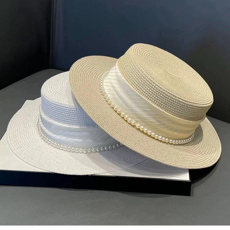Meimeier Women's new summer retro french pearl straw hat - perfect for beach trips, flat top socialite style