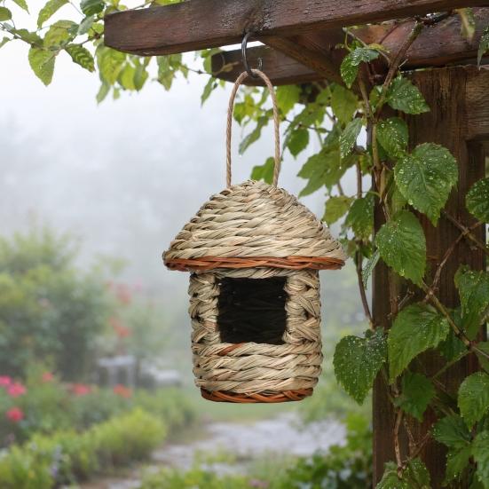 jijijing Grass Woven Bird House, Outdoor Rustic Birdhouse, Hanging Hummingbird Hut, Garden Roosting Pocket for Wrens Sparrows Finches Hummingbirds