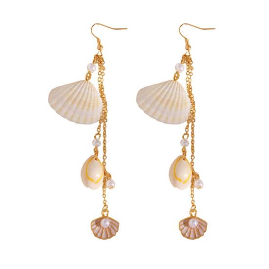1 Pair Women Earrings, Long Tassel Shell Conch Starfish Design Drop Earrings, Imitation Pearls Earrings for Beach Vacation Jewelry