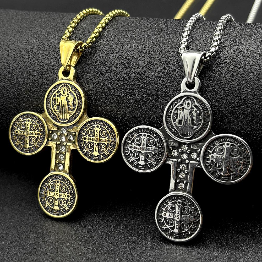 Catholic Saint Benedict Medal Crystals Cross Pendant Necklace for Women Men Gold Color Stainless Steel San Benito Chain Jewelry