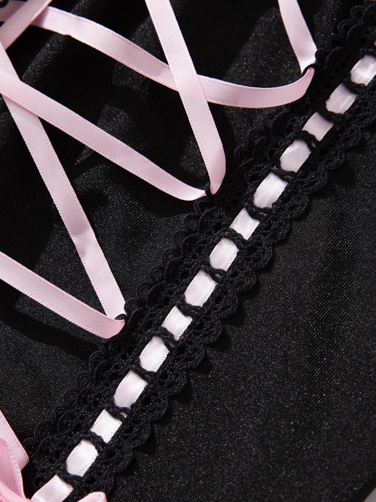 Foshan Lace Bow See-through Lingerie & Garter Skirt Set