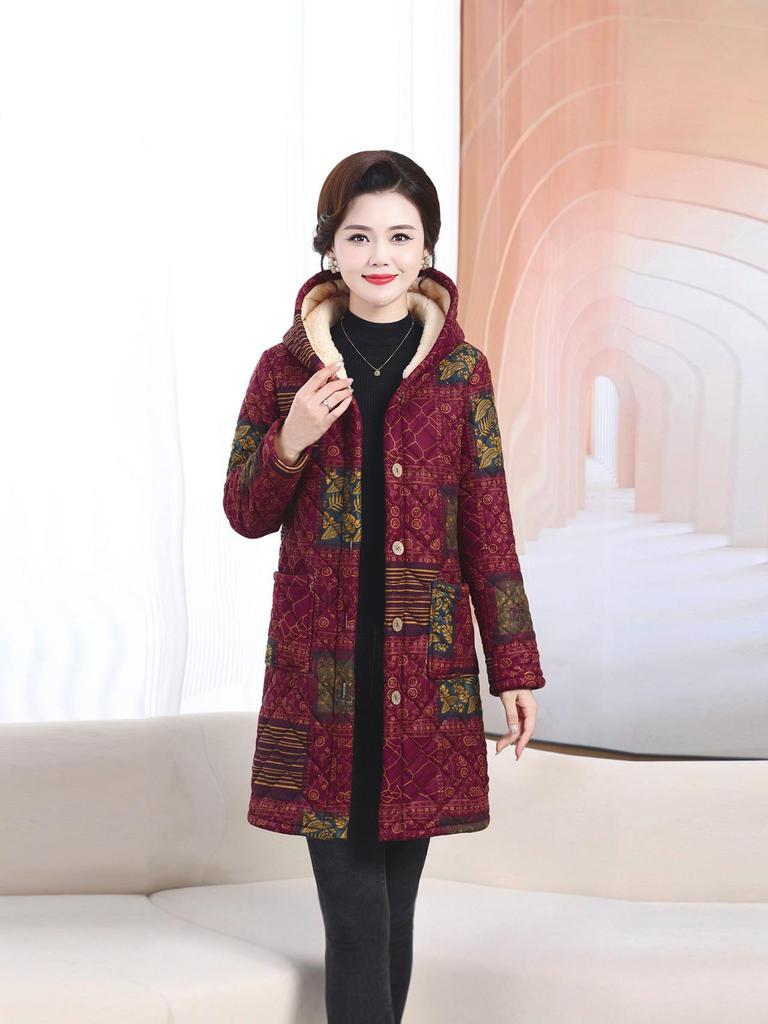 Mid-Aged & Elderly Women's Hooded Fleece-Lined Winter Coat, Warm Mid-Length Jacket, Fashionable New Style.