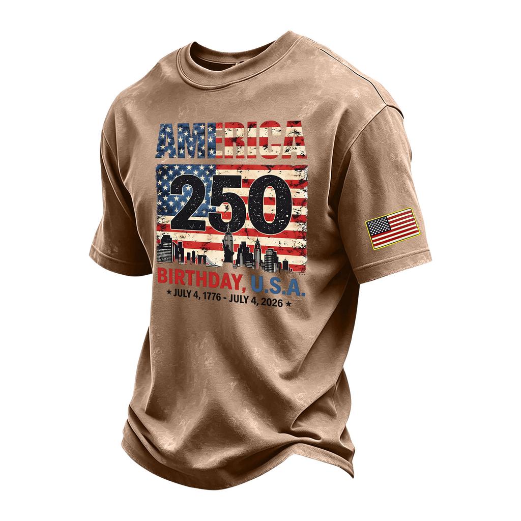 Men's Vintage Washed Short Sleeve Crew Neck T Shirt with 250th Independence Day Graphic Print and Sleeve Flag Patch Casual Tee