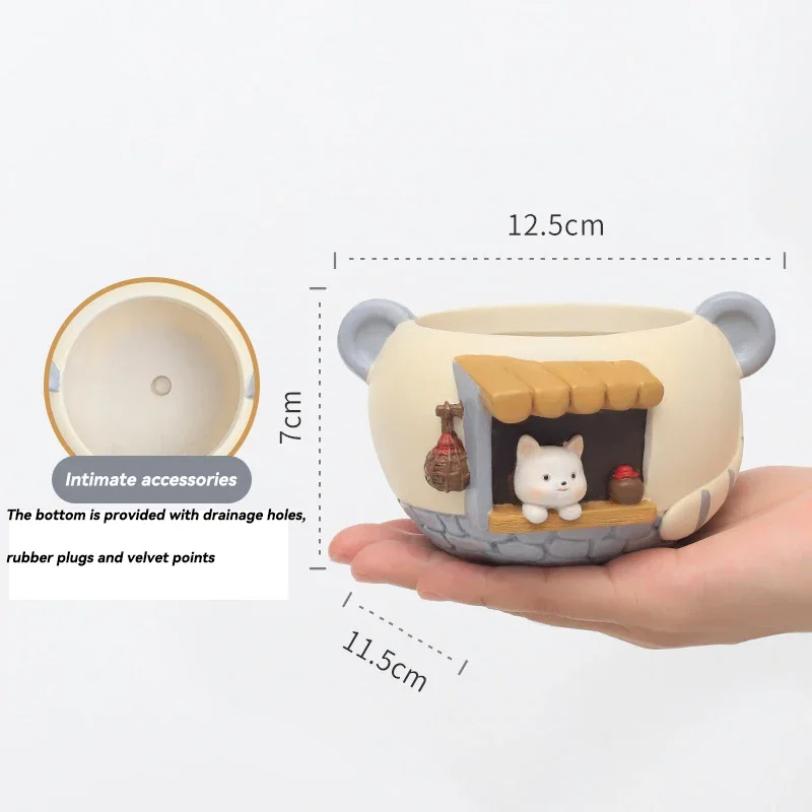 Small Flower Pot Creative Cute Pet Meaty Resin Flower Pot Decorative Ornament Fairy Garden Cat Fox Figurines Tabletop Decor
