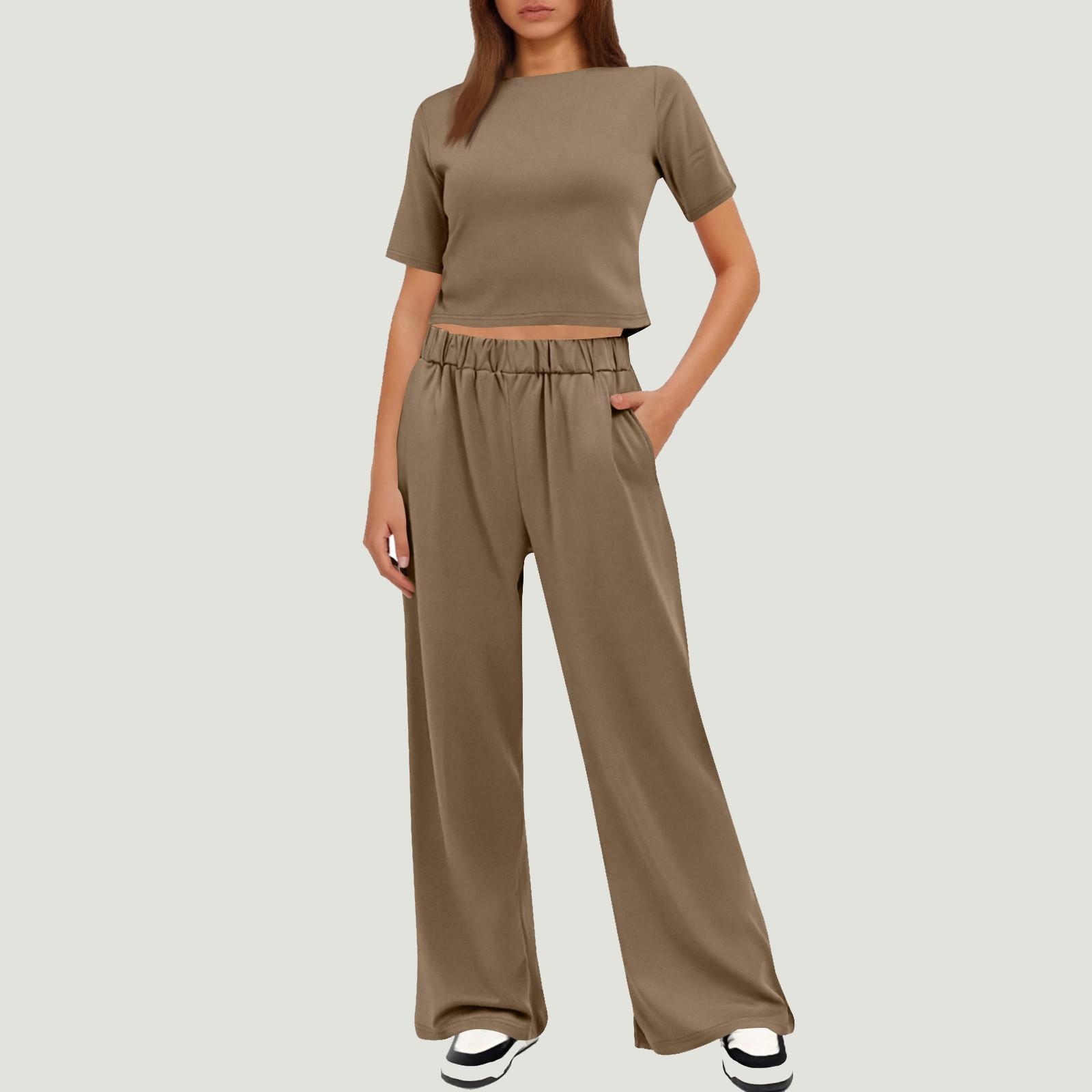 

Женские комплекты из 2 предметов, топы с короткими рукавами и широкими штанами, спортивные костюмы L хаки