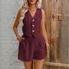 Linen  Summer Casual Fashion Button Vest and Shorts Suit V-neck Vest Suit