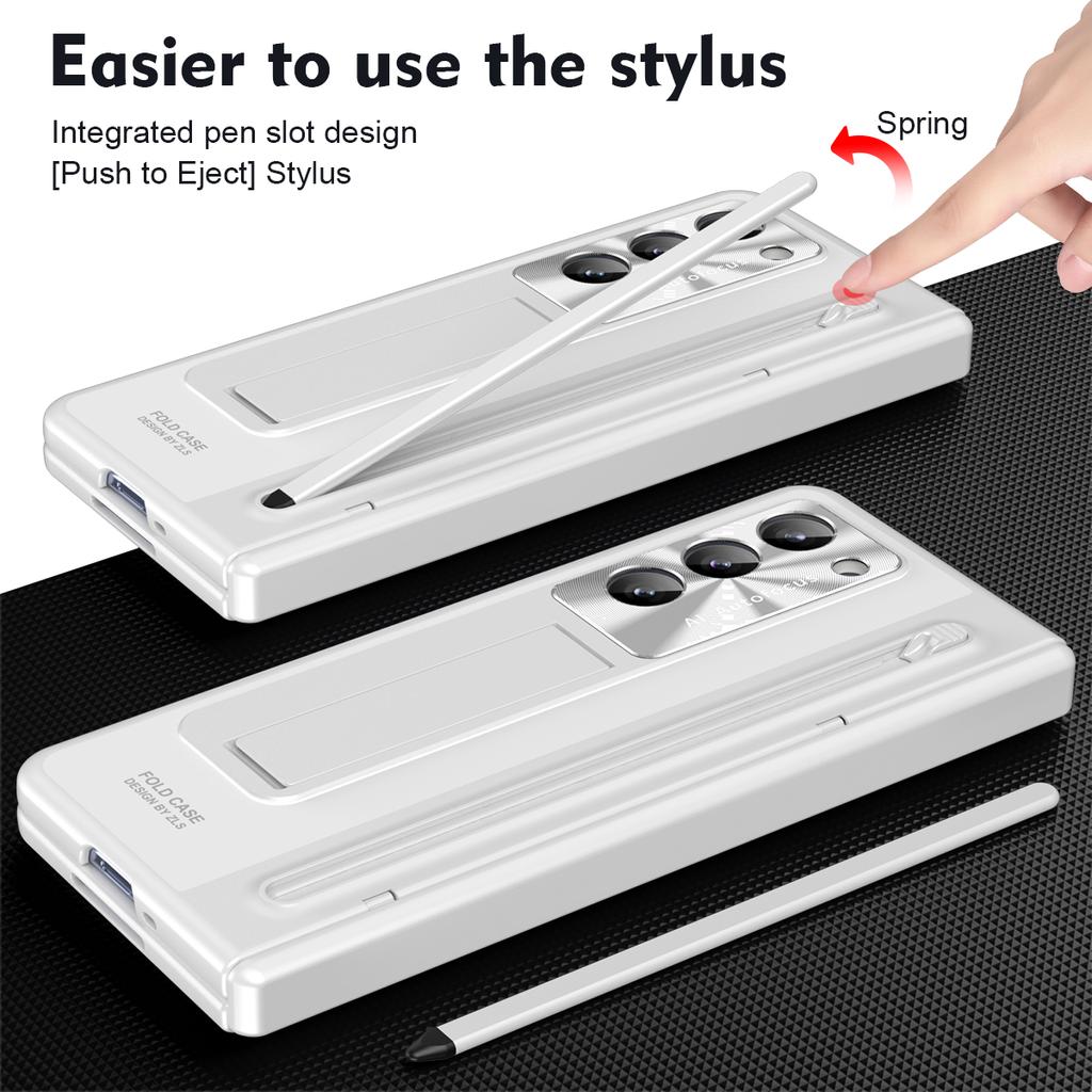 For Samsung Galaxy Z Fold5 5G Case Hinge PC Kickstand Phone Cover with Tempered Glass Film/Stylus