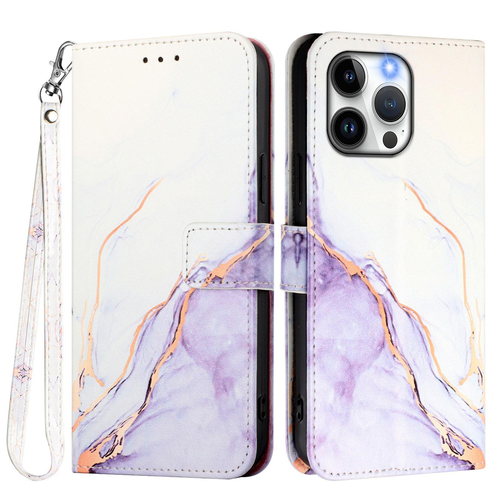 

For iPhone 16e Case with Strap Marble Pattern Leather Phone Cover Card Holder E