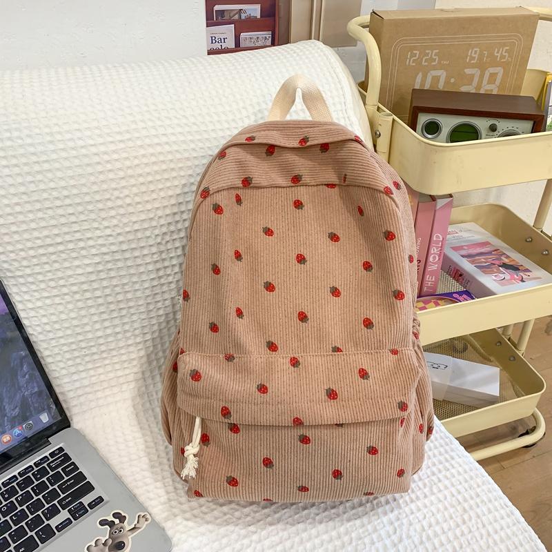Cord-Rucksack mit Erdbeer-Print im College-Stil für Schüler, Schultasche mit großem Fassungsvermögen